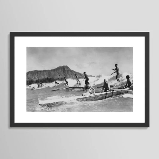 Vintage Surfing Hawaii art print in black wood frame – retro beach photography wall art by Vintage Surf Photos Smudge Print Shop