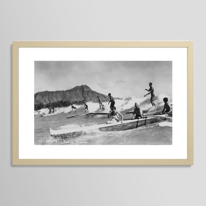 Vintage Hawaii surfing photography art print in light maple frame – coastal wall décor by Vintage Surf Photos Smudge Print Shop