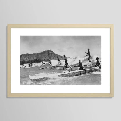 Vintage Hawaii surfing photography art print in light maple frame – coastal wall décor by Vintage Surf Photos Smudge Print Shop