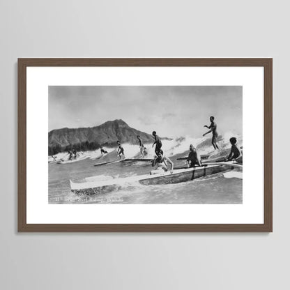 Vintage Surfing Hawaii art print framed in dark walnut wood – nostalgic beach wall art by Vintage Surf Photos Smudge Print Shop