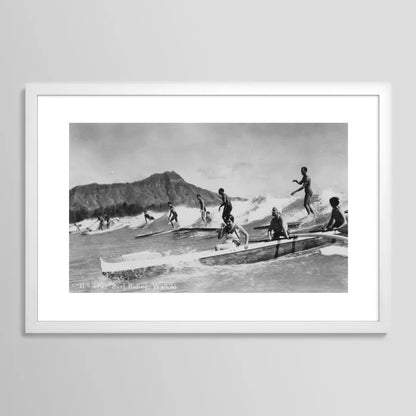 Vintage Surfing Hawaii wall art framed in white wood – coastal surf photography print by Vintage Surf Photos Smudge Print Shop