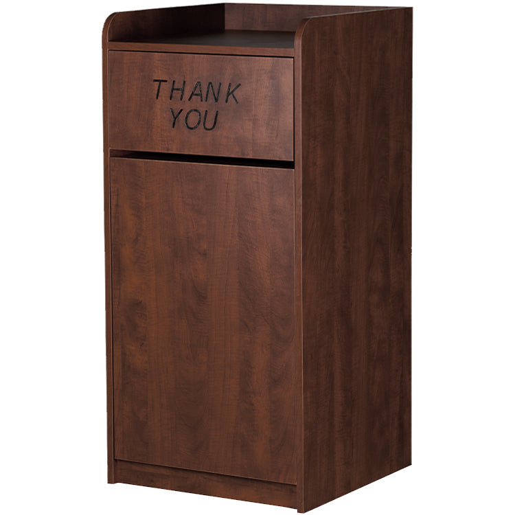 Walnut laminate waste receptacle with top tray shelf and swing door