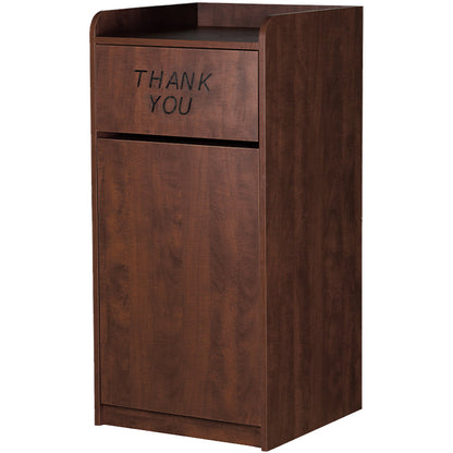 Walnut laminate waste receptacle with top tray shelf and swing door