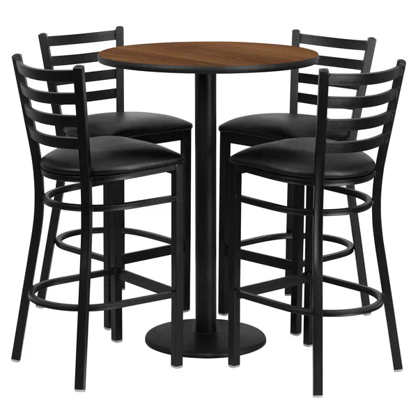Walnut laminate bar table set with black ladder back barstools for restaurants and hotels.
