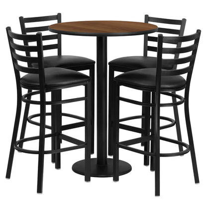 Walnut laminate bar table set with black ladder back barstools for restaurants and hotels.