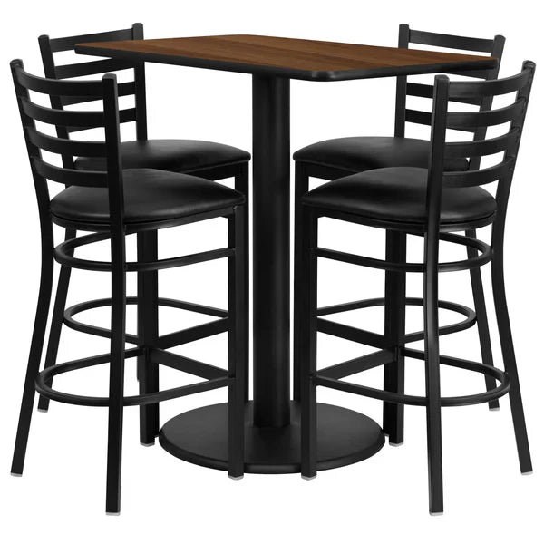 Walnut laminate bar table set with black ladder back barstools for restaurants, bars, and hotels.