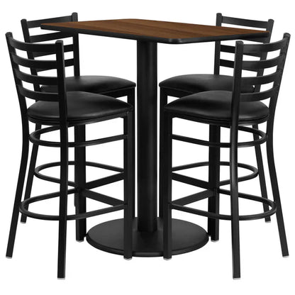 Walnut laminate bar table set with black ladder back barstools for restaurants, bars, and hotels.