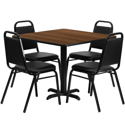 Walnut laminate table set with black banquet chairs for restaurants and cafés