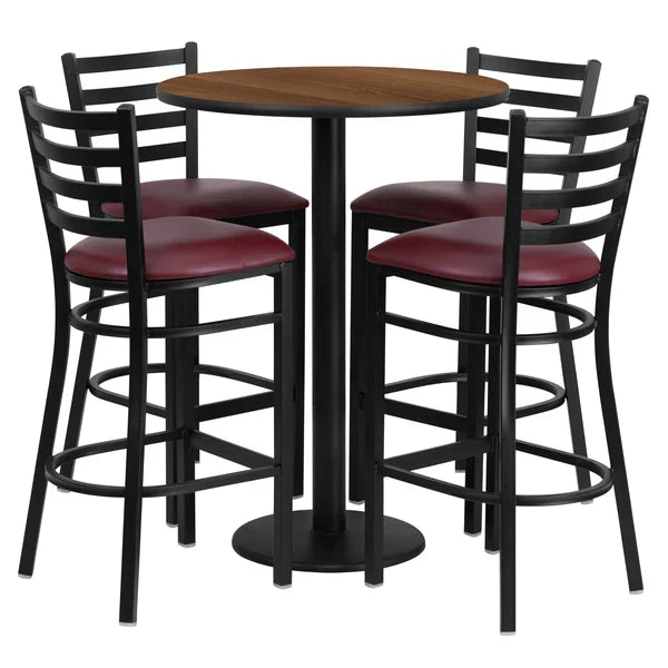 Walnut laminate bar table set with burgundy ladder back barstools for restaurants, hotels, and pubs.