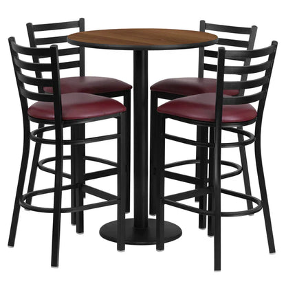 Walnut laminate bar table set with burgundy ladder back barstools for restaurants, hotels, and pubs.