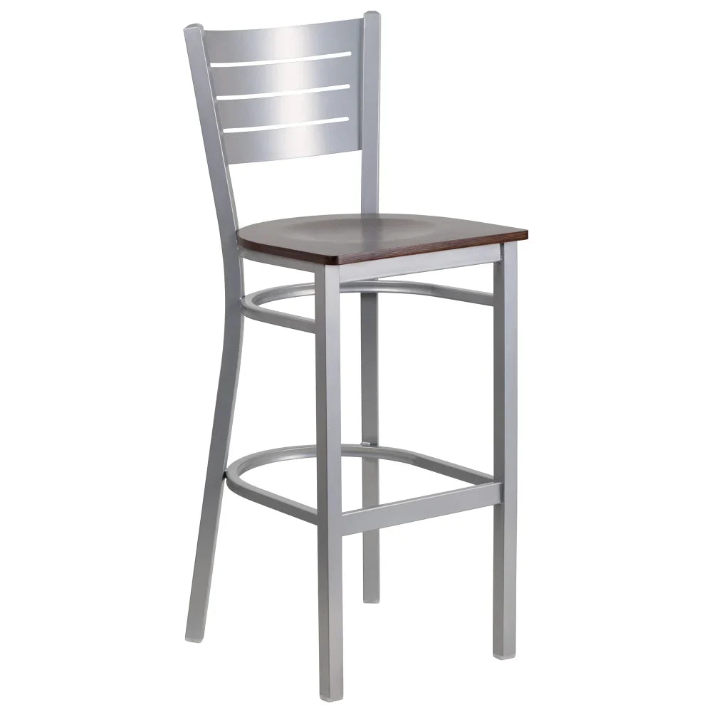 Commercial walnut bar stool with metal slat back and silver steel frame. Heavy-duty seating ideal for restaurants, bars, cafés, hotels, and indoor hospitality spaces.