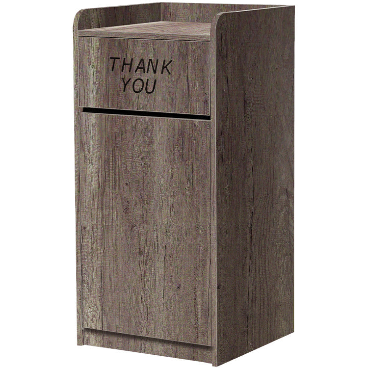 Waste receptacle with rustic barnwood laminate finish for restaurant or cafeteria use