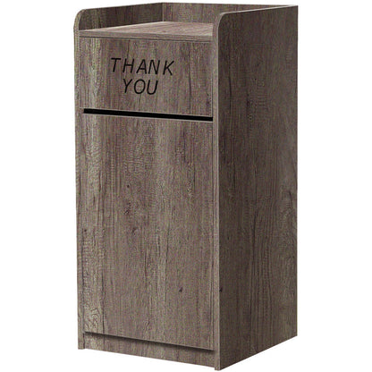 Waste receptacle with rustic barnwood laminate finish for restaurant or cafeteria use