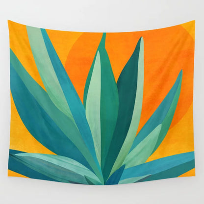West Coast Sunset With Agave wall tapestry by Modern Tropical featuring golden sunset and agave design in warm desert tones.