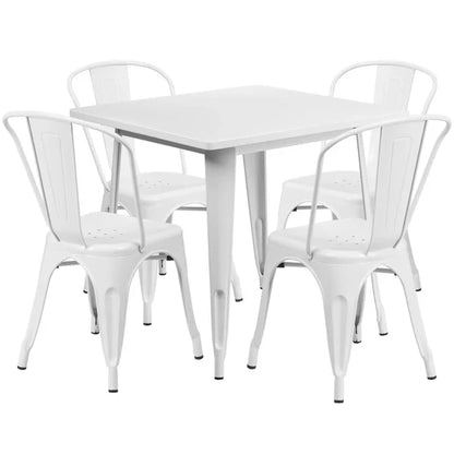 White powder-coated metal restaurant dining set with square table and chairs for cafés and hotels