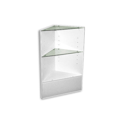 White finish option showing a clean painted surface on the Counter Corner Case featuring tempered-glass shelves for showcasing small merchandise.
