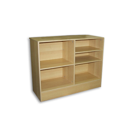 Rear view of the Flat Top Check Out Counter in a maple finish, displaying the open storage area for organizing packaging materials and checkout equipment.