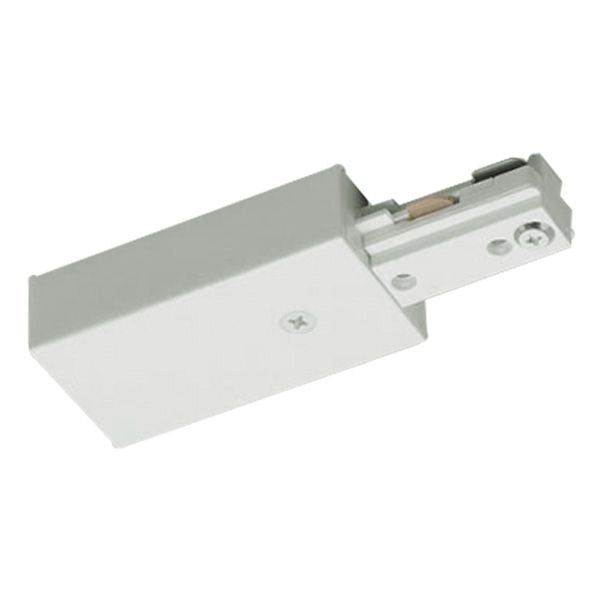 White live end power feed for single-circuit track lighting, showing the connector housing and wiring port compatible with Halo and Nora NT-316W track systems.