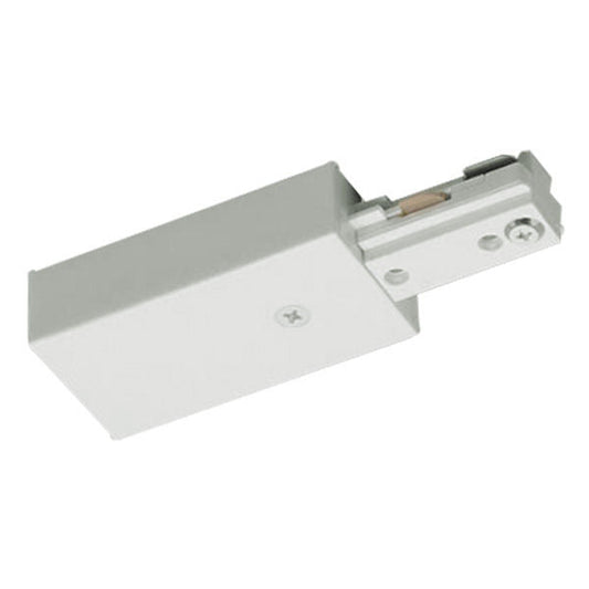 White live end power feed for single-circuit track lighting, showing the connector housing and wiring port compatible with Halo and Nora NT-316W track systems.