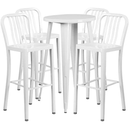 White bar-height metal table set with slat back stools for restaurants and cafés