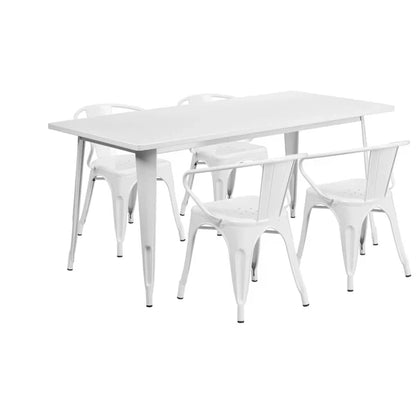White powder-coated rectangular metal restaurant table and arm chair set for bars, cafés, and hotel patios