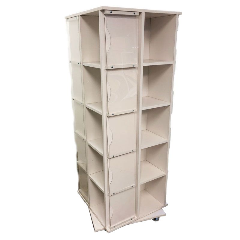 Rotating t-shirt display tower in white finish with 20 lucite display pockets.