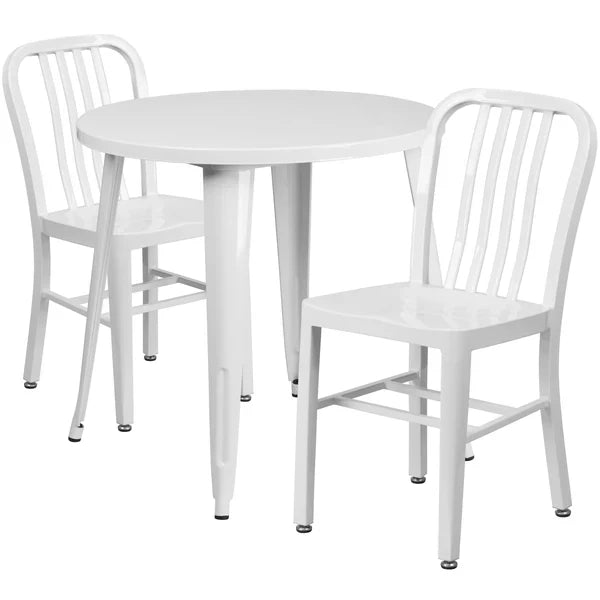 White metal round dining table set with slat back chairs for restaurants and cafés