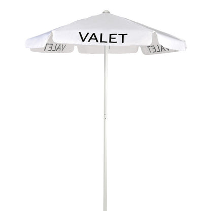 White commercial valet umbrella with a wide 60-inch weather-resistant canopy and tall pole, designed for outdoor valet stands and guest areas.