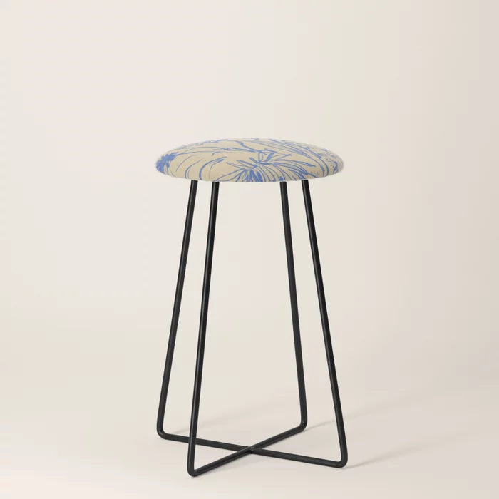 Wild Bouquet Counter Stool by Sandra Poliakov with black steel legs – colorful artistic seating for restaurant bar areas, boutique hotels, and contemporary cafés