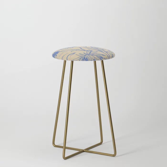 Wild Bouquet Counter Stool by Sandra Poliakov with gold steel legs – floral vegan leather seating ideal for café counters, hotel breakfast areas, and restaurant dining spaces