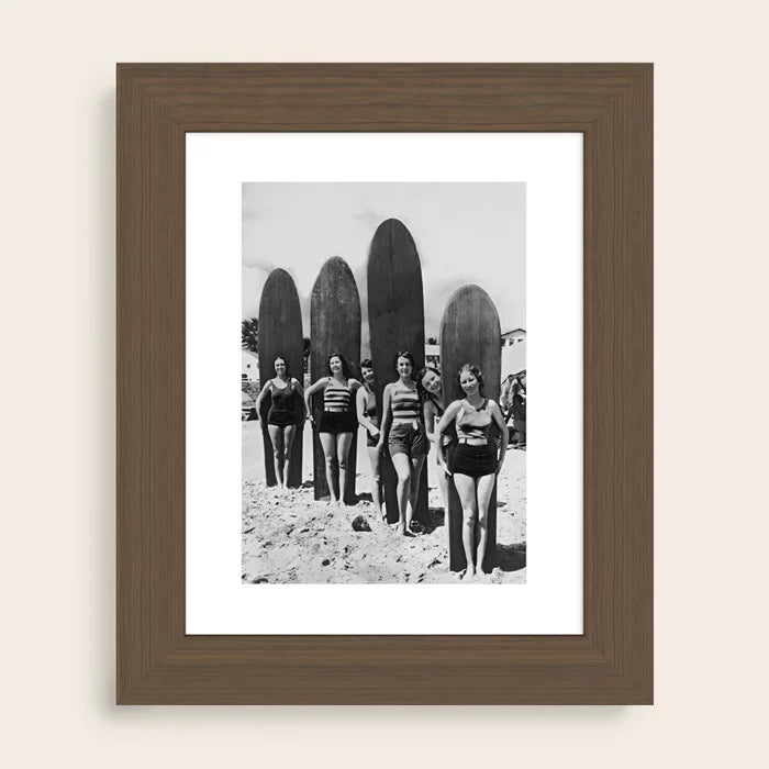 Woman Surfers black and white ocean photography print by Vintage Vivian framed in rich walnut wood for elegant coastal and vintage homes
