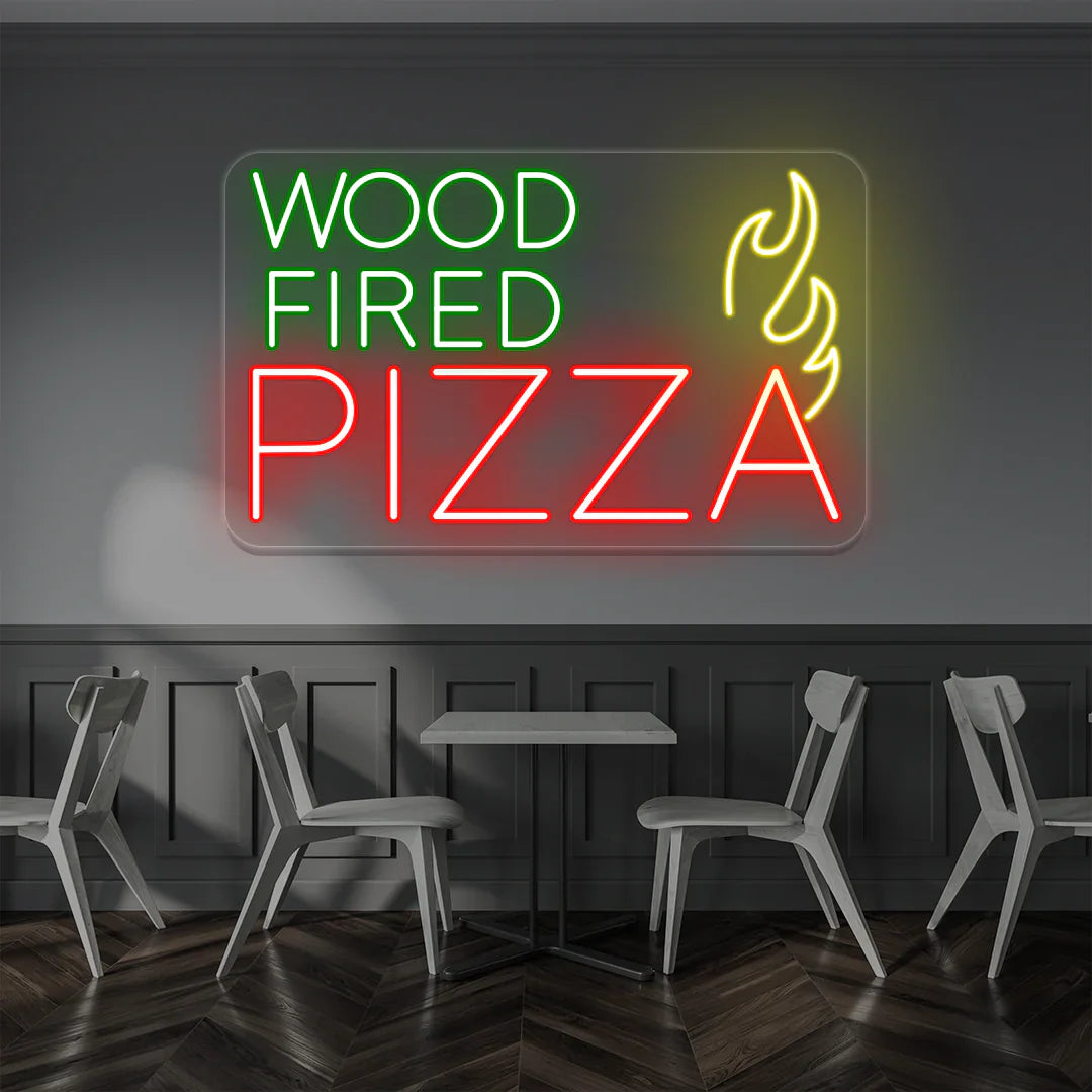 Wood Fired Pizza Neon Sign glowing orange and red mounted on wall for restaurant or home kitchen décor