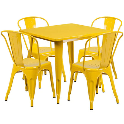 Yellow metal indoor outdoor restaurant dining set with four stack chairs for cafés and hotels