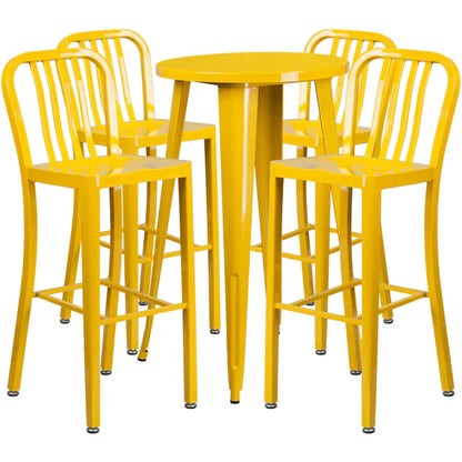 Yellow bar-height metal table set with vertical slat back stools for restaurants and cafés